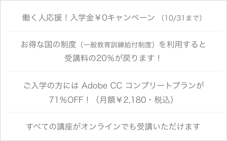 働く人、応援! 入学金¥0キャンペーン (11/30まで)